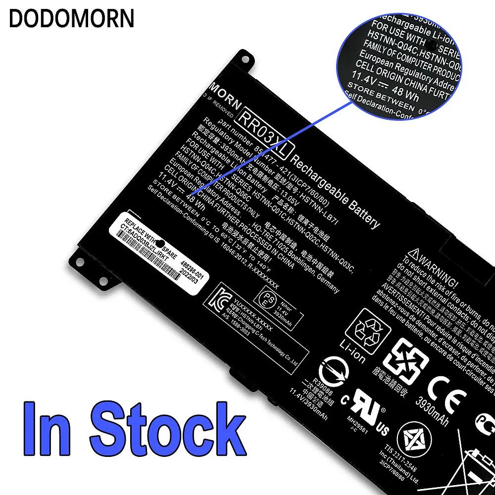 Dodomorn rr03xlバッテリー,hp bestook 440 450 430 455 g4 g5 470 HSTNN-PB6W,ラップトップ用,追跡番号付き