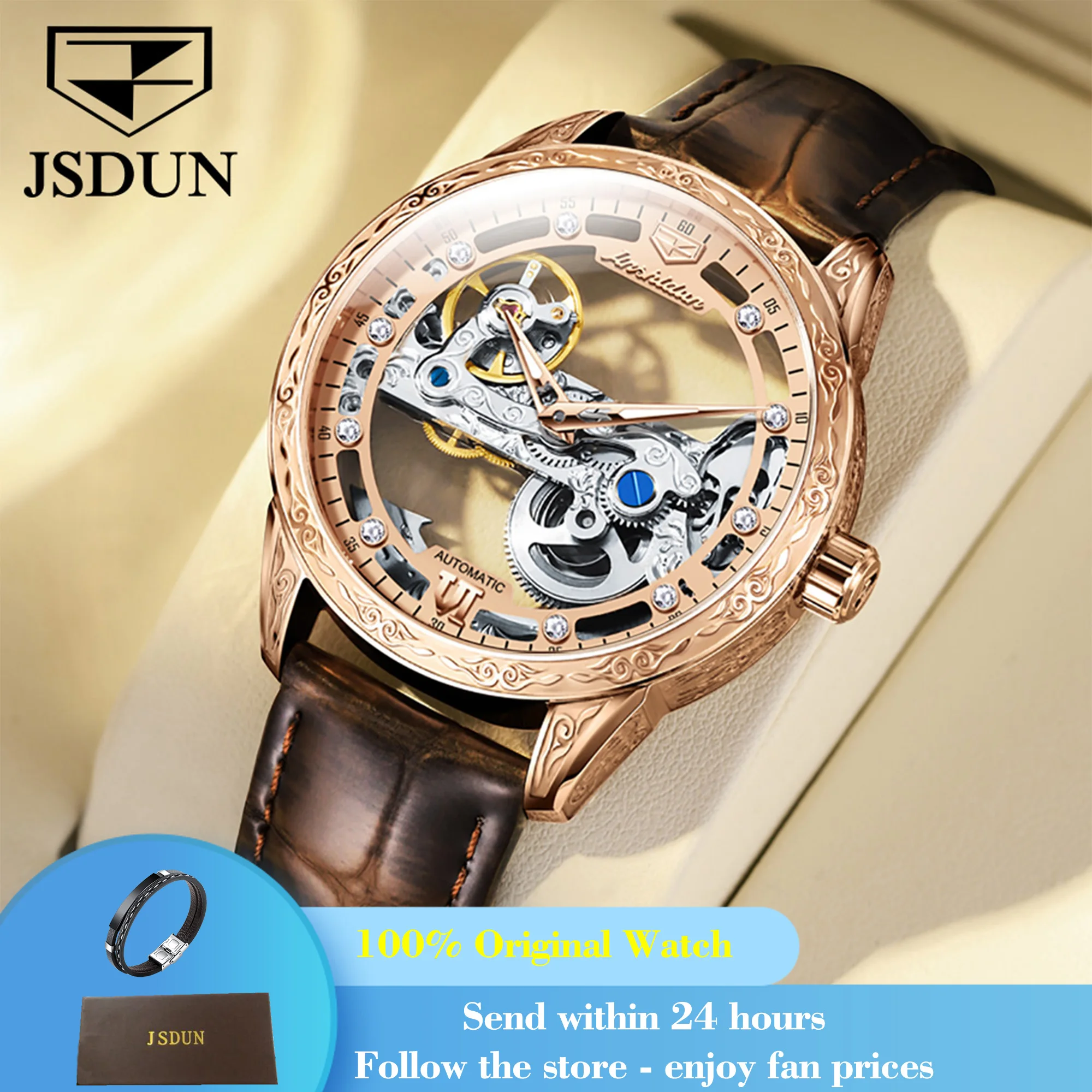 

JSDUN 8917 мужские автоматические часы с полым скелетом 50 м водонепроницаемые классические наручные часы оригинальные светящиеся механические часы для мужчин