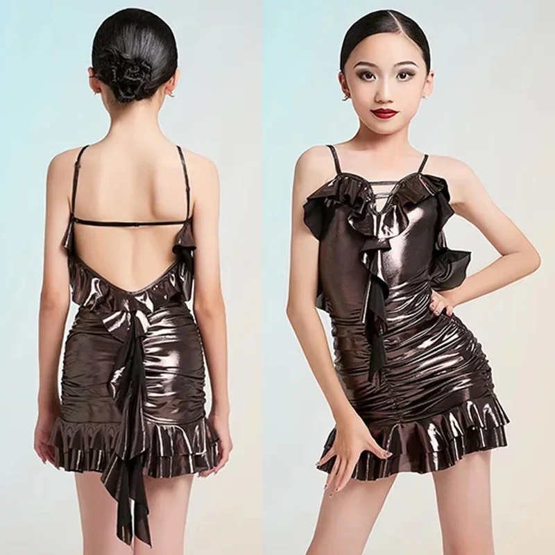 

Samba Waltz Latin Dance Dress Girl's Dance Performance Suspender Clothing Practice Dancing Dress Brown Glossy Dresses
