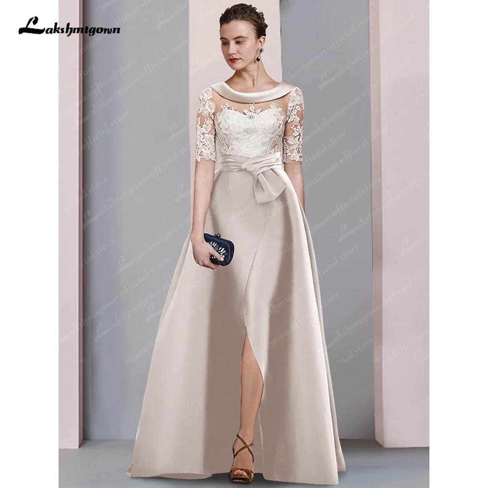 Elegant Mother of the Bride Dress Wedding Guest Scoop Neck Floor Length Satin Lace Half Sleeve with Bow(s) Appliques Split Front