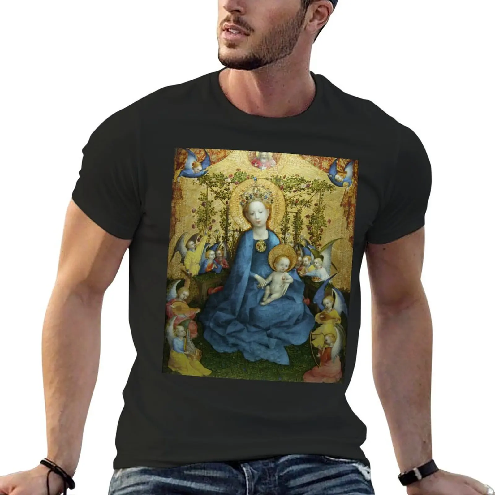 Mother Mary: Madonna in the rose-garden, by Stefan Lochner 1448 T-Shirt graphics Men's cotton t-shirt