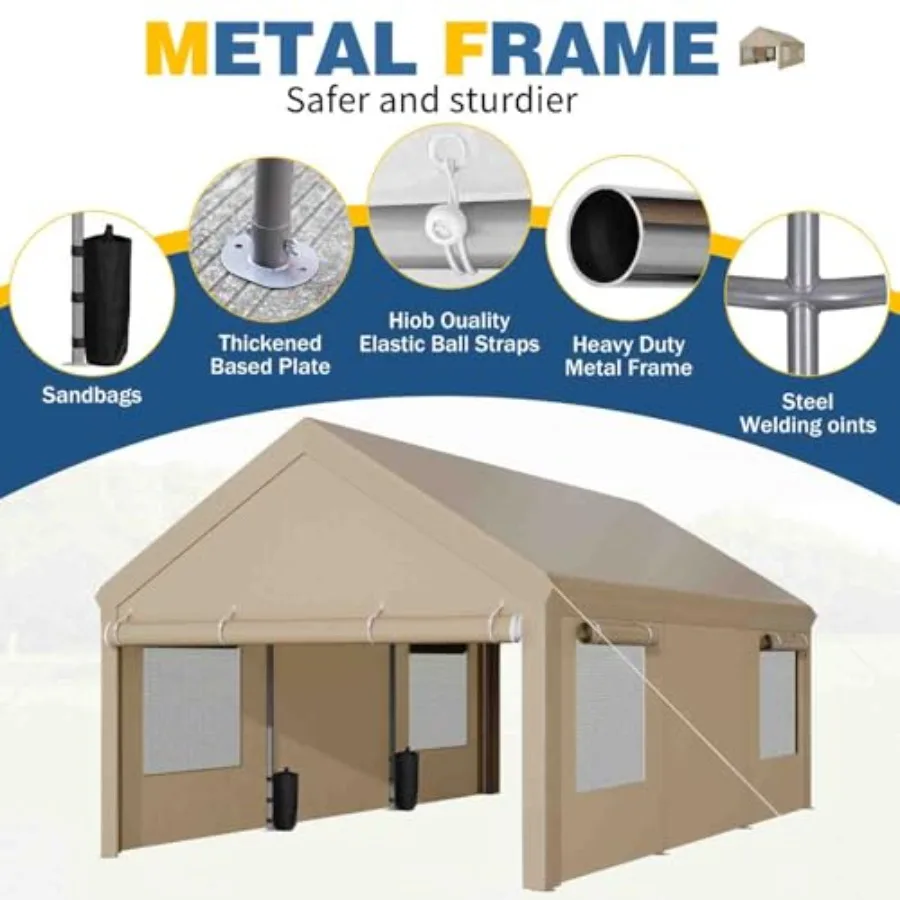 10x20 ft Carport for outdoor vehicle storage, heavy-duty polyethylene tarp, gray, roll-up windows and removable sidewalls for a