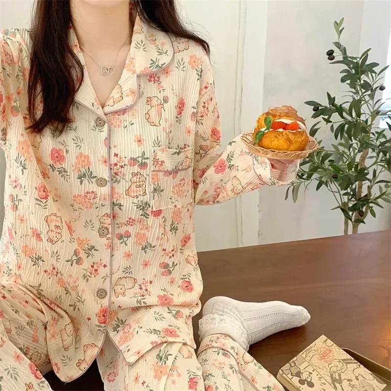 

Bedroom Dormir Female Sleepwear Women Pajamas Home Clothes Sleeve Cartoon Trousers Pyjamas Lounge Long Mujer Pajama Soft