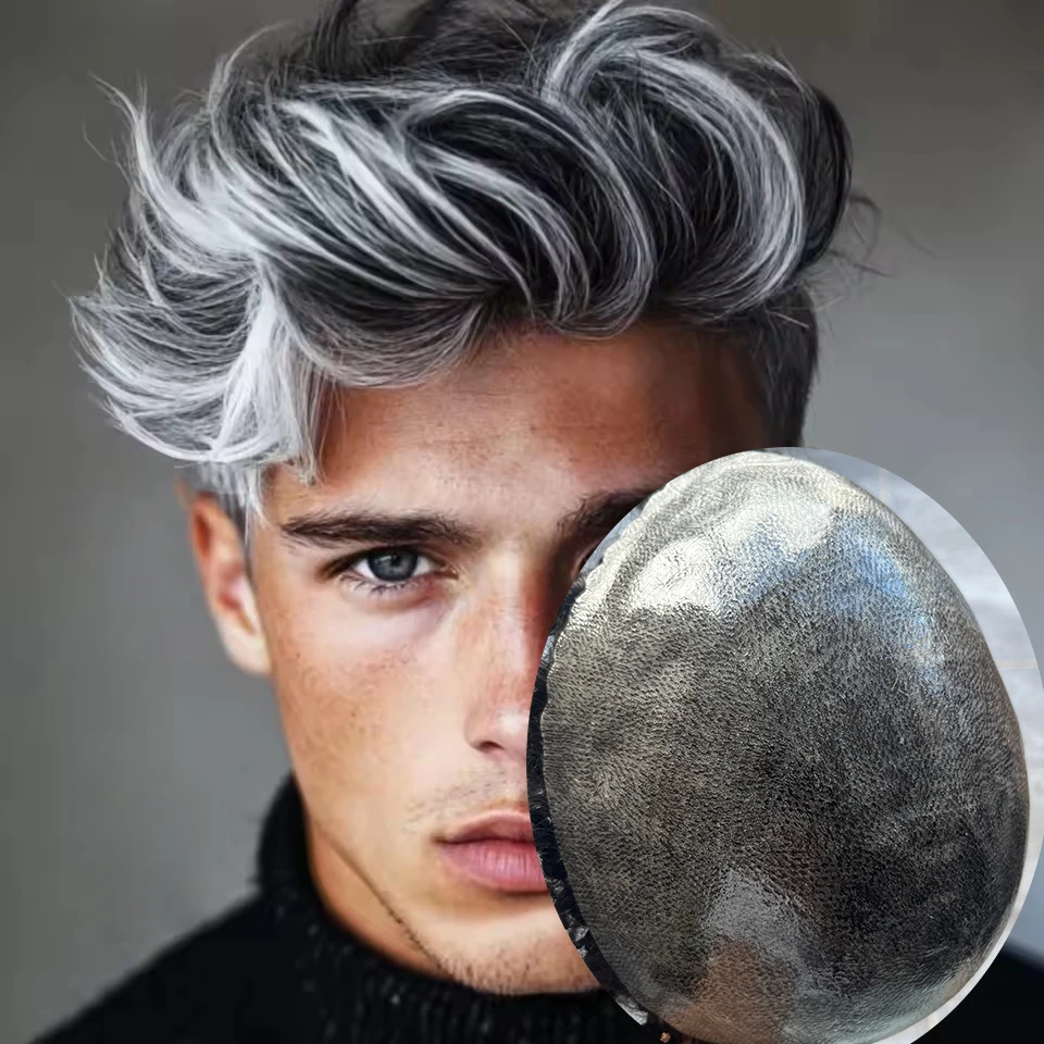 

Super Natural Invisible Hairline Black Grey 1B50 1B80 Durable Thin 0.1mm Silicon Mens Human Hair Replacement System Hairpieces