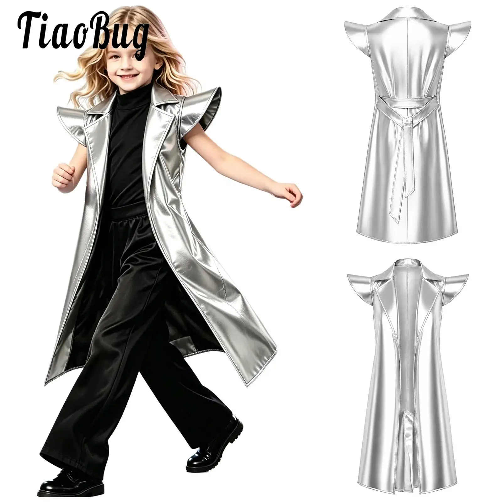 Kids Boys Girls Metallic Trench Coat Party Clothes Cap Sleeve Lapel Collar Open Front Belted Long Coat for Halloween Performance