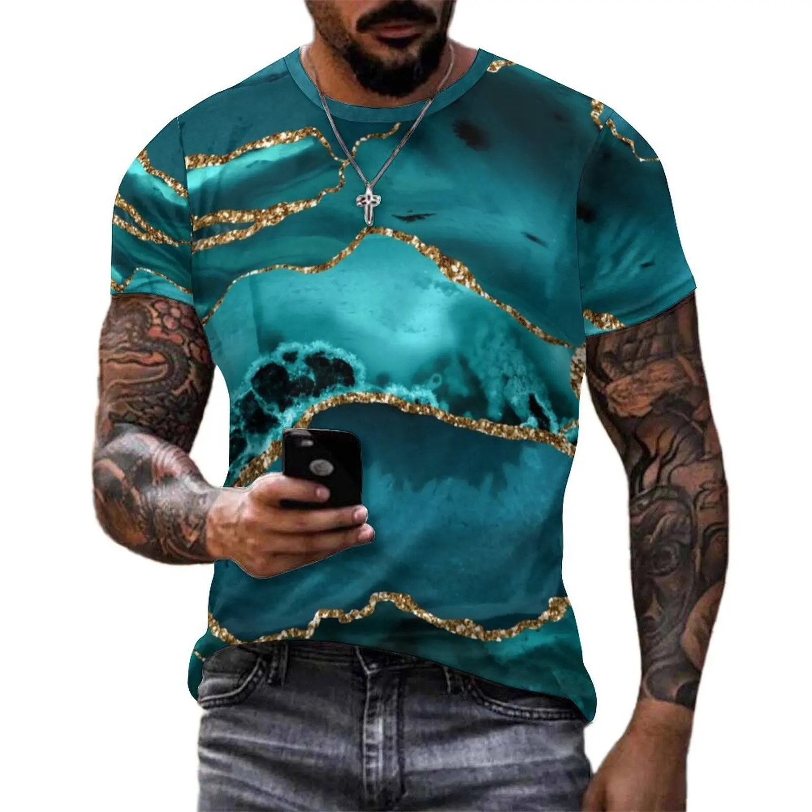 Teal Blue Marble T-Shirt Gold Glitter Print Mens Hippie T Shirts Summer Graphic Tee Shirt Short-Sleeve Kawaii Big Size Tops Gift