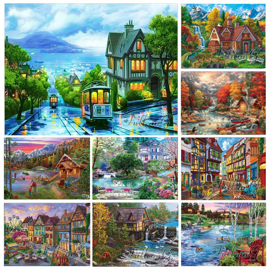 streetcar diy diamond painting cross stitch mountain lake 5d full handmade embroidery landscape house mosaic picture