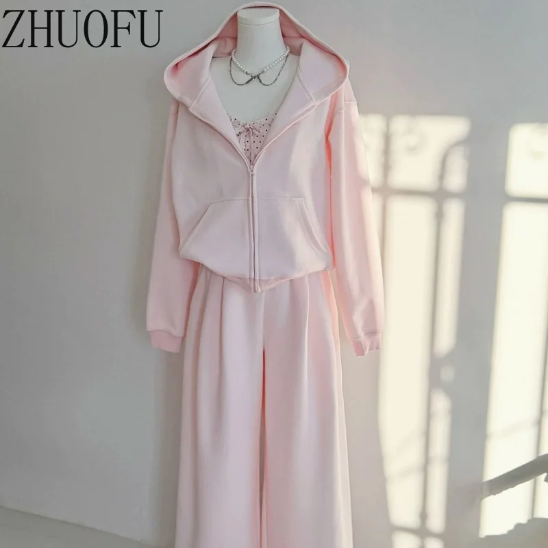 Women Korean Pink Hooded Cardigan Sweatshirt Polka Dot Sling Vest Lace Wide-leg Pants Casual Three-piece Suit Female Autumn New