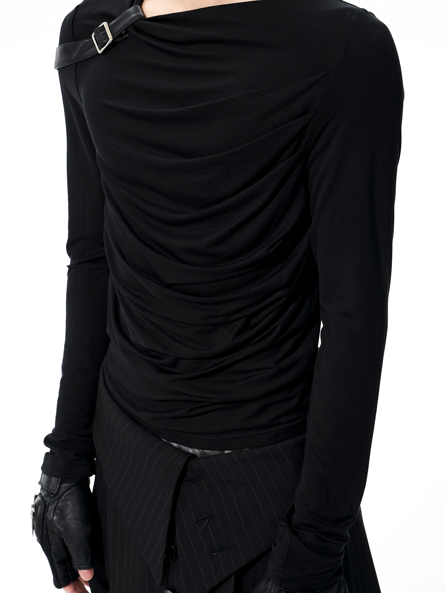 Start Exceed End Men's Long Sleeve T-Shirt Design Sense Pleated Leather Patchwork Inner Wear Black Base Shirt Autumn Style