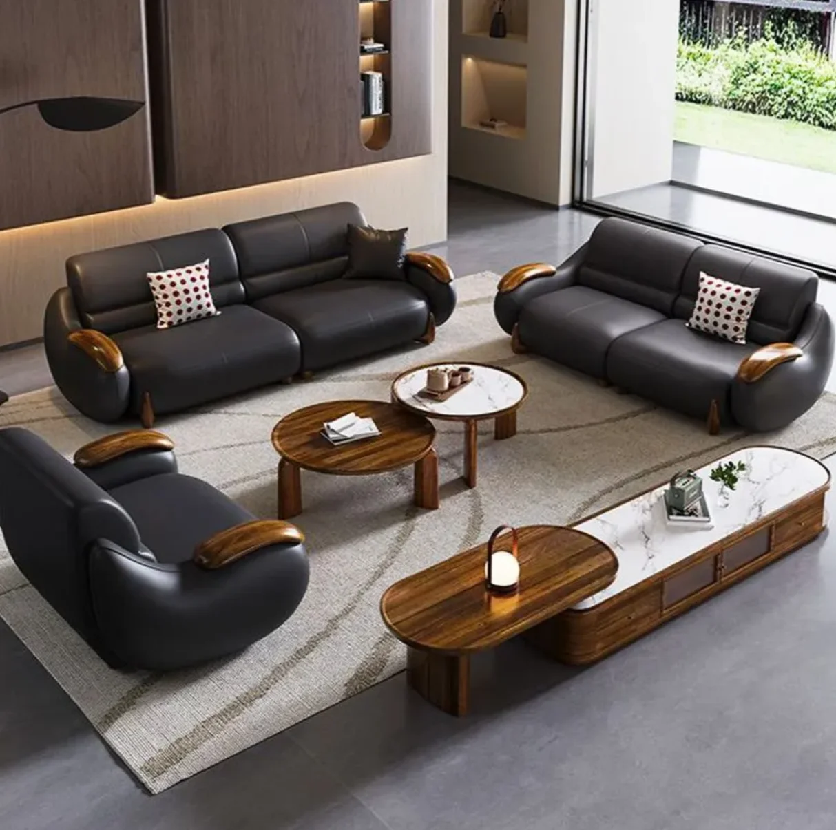 

#Modern Simple Chinese Style Three-Seater Leather Sofa Fabric Corner Furniture Set Sponge Modular Small Apartment Villa Living