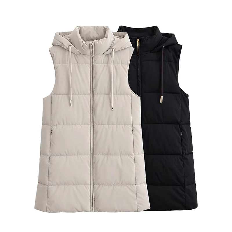 

2025 Winter New Women's Clothing, Stand Collar Sleeveless Long Cotton Vest, Long Fit with Adjustable Hood.