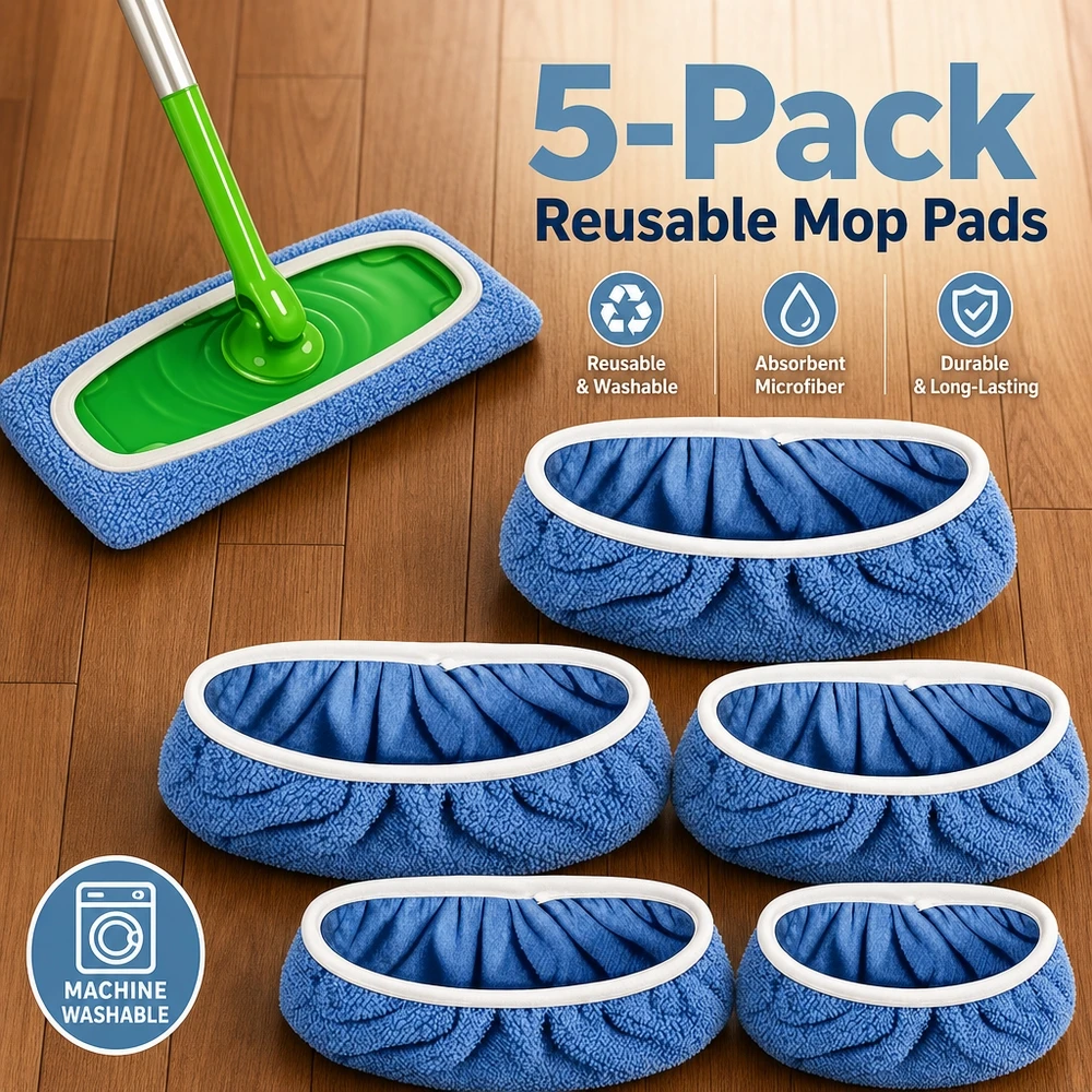 5 Pack Machine Washable Microfiber Mop Pads Compatible with 10x4.5 Inch Heads for Hardwood Laminate Tile Stone