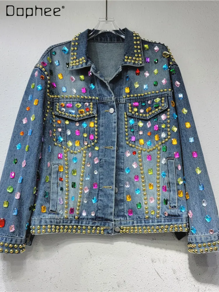 

Handmade Rhinestone Colorful Crystals Jean Jacket Women 2023 Autumn New All-Match Loose Long Sleeve Blue Denim Jackets Feminina