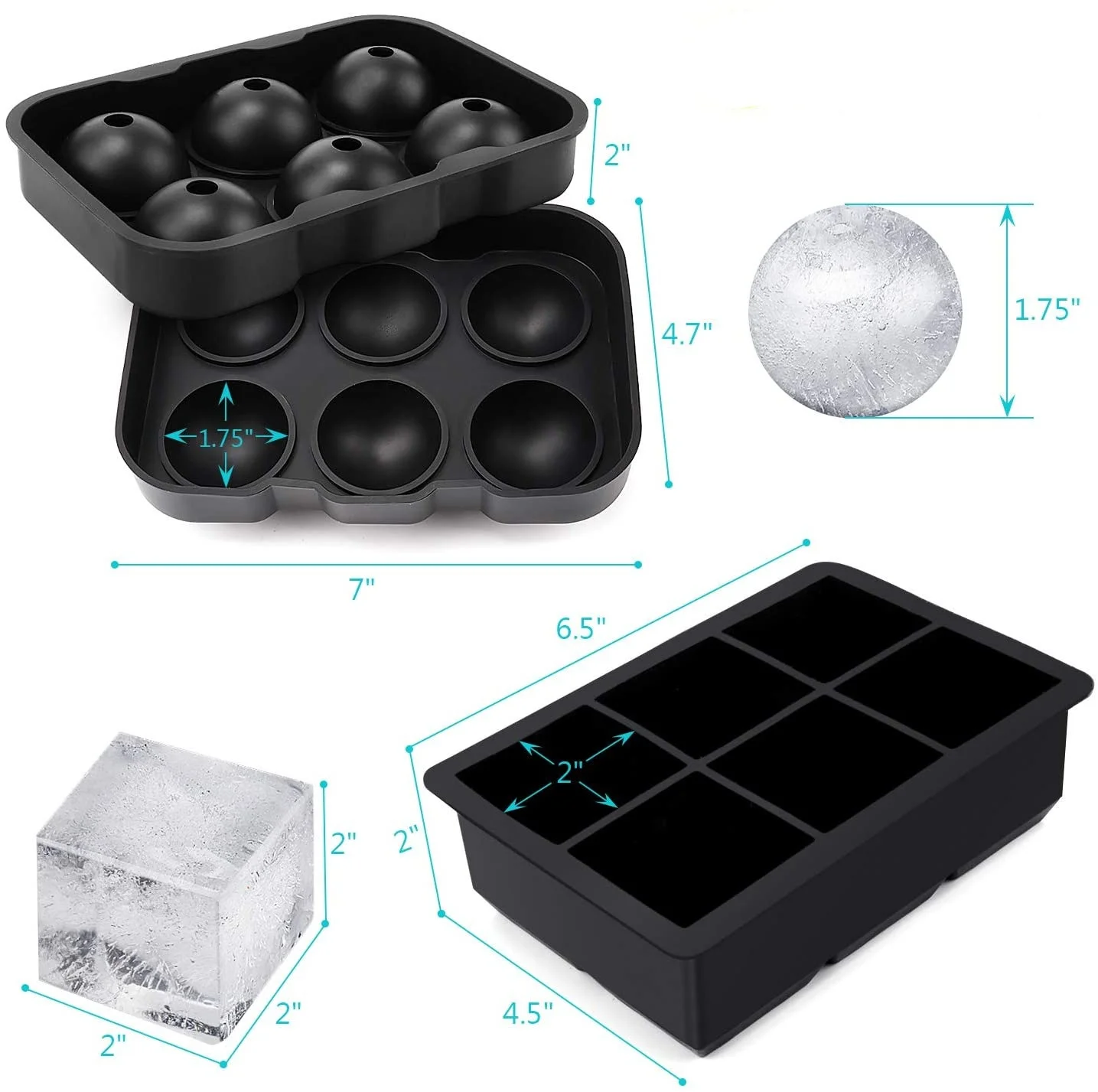 6 Piece Ice Cube Molds Extra Large Food Grade Silicone Mold Reusable Whiskey Ice Cube Square Tray DIY Ice Maker Ice Cubes