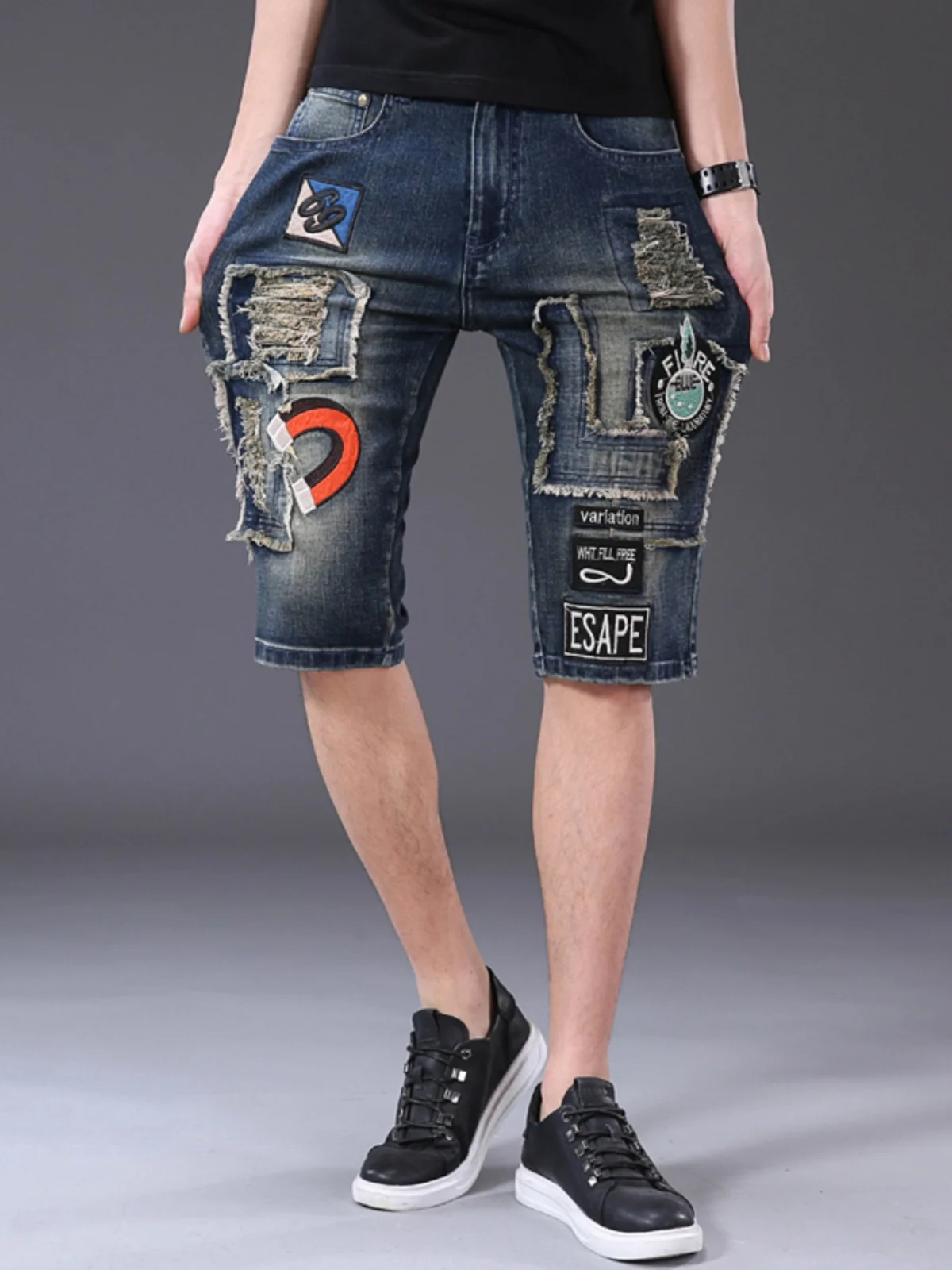 

High-End Embroidered Men's Denim Shorts Trendy Brand Mid-Waist Straight Leg Five-Point Pants Cotton Stretch Casual Wear