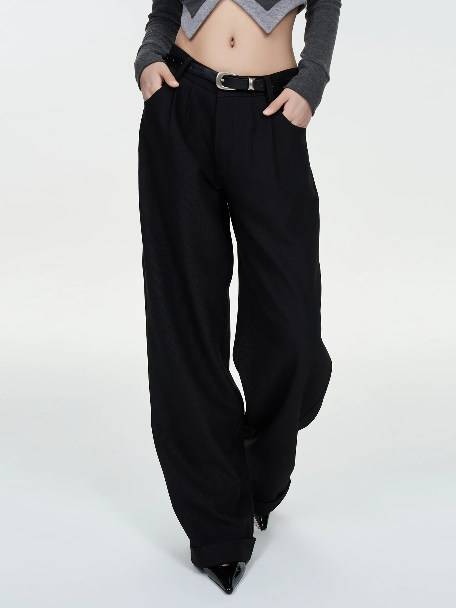 

Брюки с высокой талией и широкими штанинами, свободные повседневные брюки для женщин, осенне-зимняя новинка IUNAE LUMEN, удобные из смесового хлопка