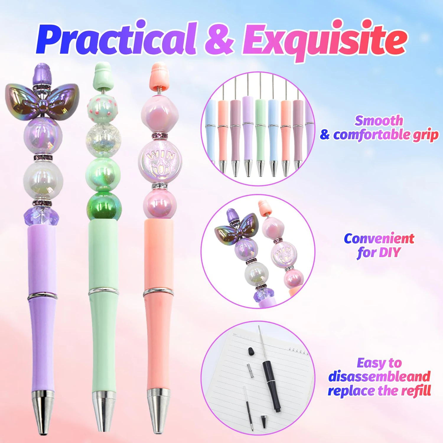 

50 шт. элегантная многоцветная ручка из бисера «сделай сам» для письма, рисования, сувениров для вечеринок и персонализированных подарков — гладкие шариковые чернила