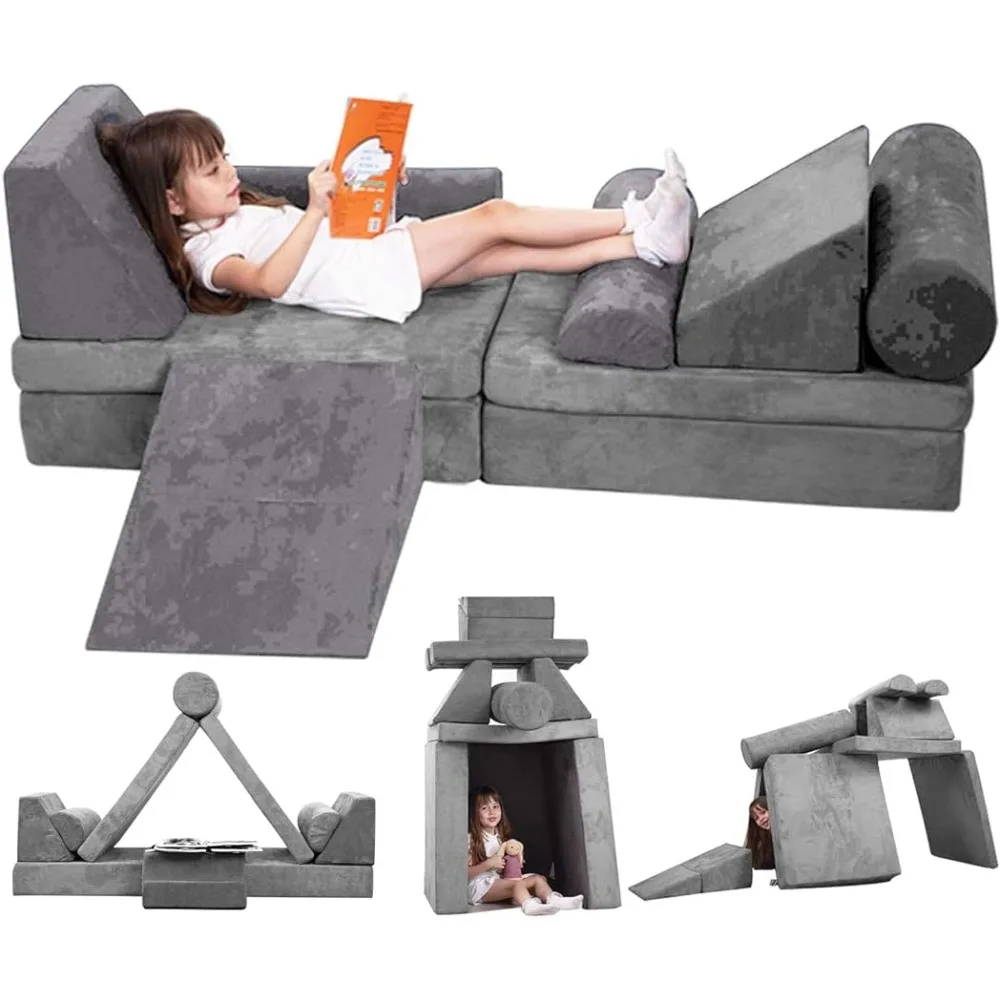 

Play Couch Sofa for Kids 10PCS Sectional Sofa Playroom Imaginative Furniture for Creative Kids Girls and Boys Bedroom (Gray)