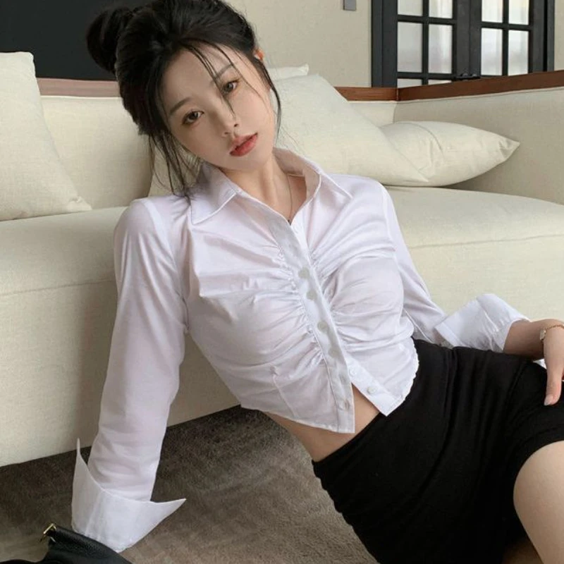 Crop Tops Shirts Women Long Sleeve Hotsweet Slim Streetwear Spring Simple Preppy Style Office Ladies Popular All-match Ulzzang