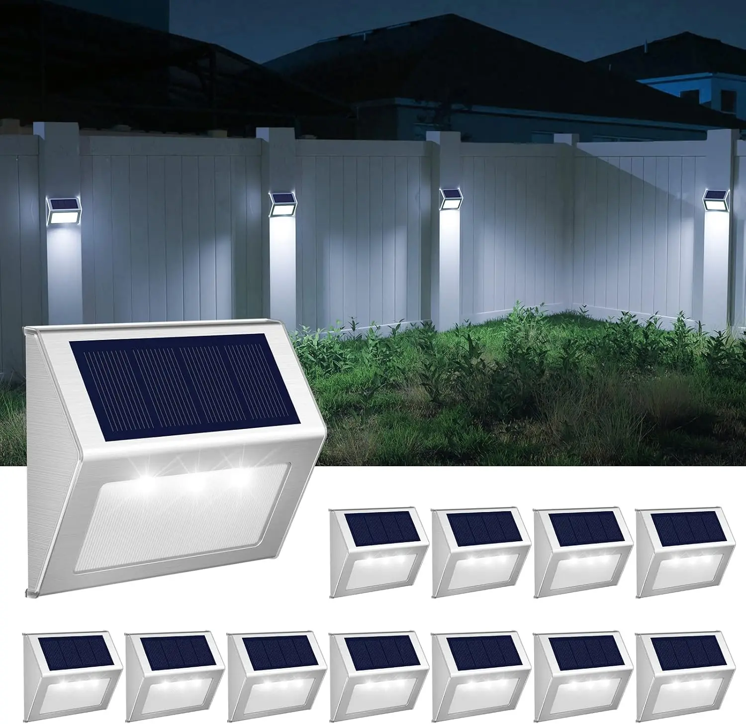 

12 Pack Solar Powered Outdoor Fence Lights, Waterproof Stainless Steel Deck Stairs Wall Lamps for Garden Pathway - Cool White