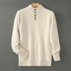 Pull à col montant pour homme, pull en cachemire de vison, demi-boutonnage, chaud, tout assressenti, automne, hiver, nouveau, 100