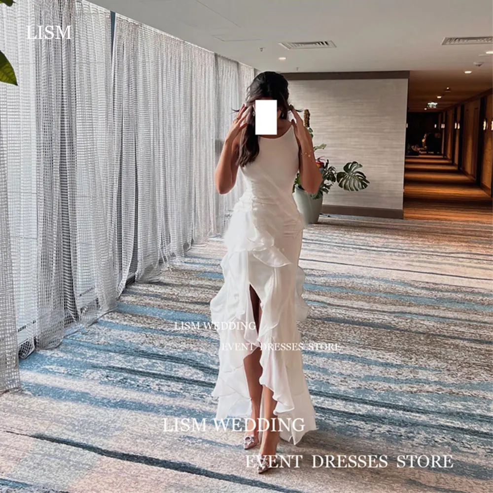 

LISM White Silk Mermaid Evening Dress Saudi Arabia High Slipt Sleeve O-Neck Ankle-Length Formal Occasion Dress Custom Made