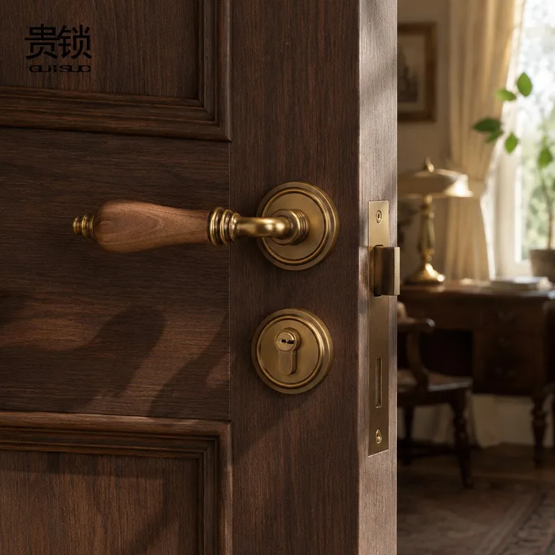 Vintage French Style Bedroom Door Lock with Walnut Wood Zinc Alloy Door Handle Magnetic Suction/silent Split Lock