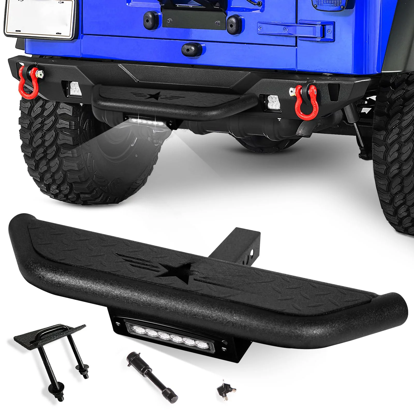 Universal Bumper Hitch Step Trailer with LED Light for 2 Inch Compatible with Pickups Trucks ATVs SUVs Vans, U-Bolts Stabilize