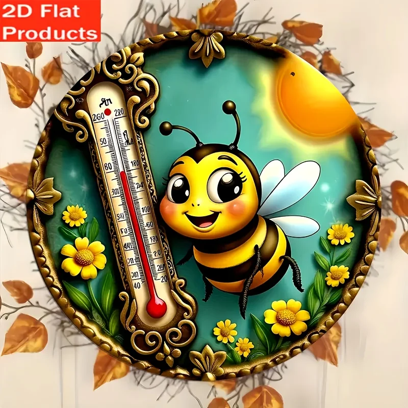 2D Flat Decorative Sign And Pendant - 1pc Classic Bee And Thermometer Plaque, Wooden Round Sign with Vibrant Floral And Bee Desi