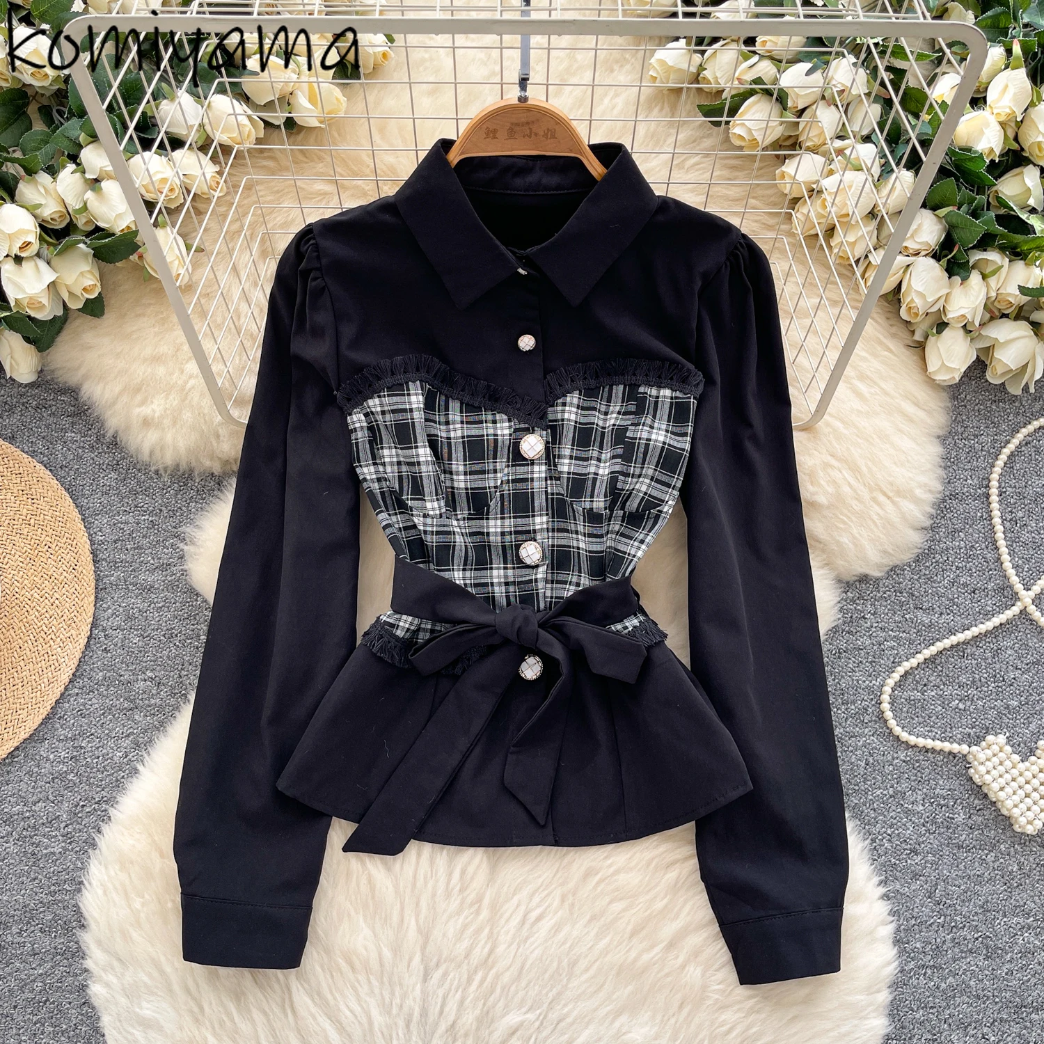 

Bandage Tunic 2025 Shirts & Blouses Plaid Fake Two Piece Ropa De Mujer Single Breasted Blusas Lapel Camisas Woman Clothing
