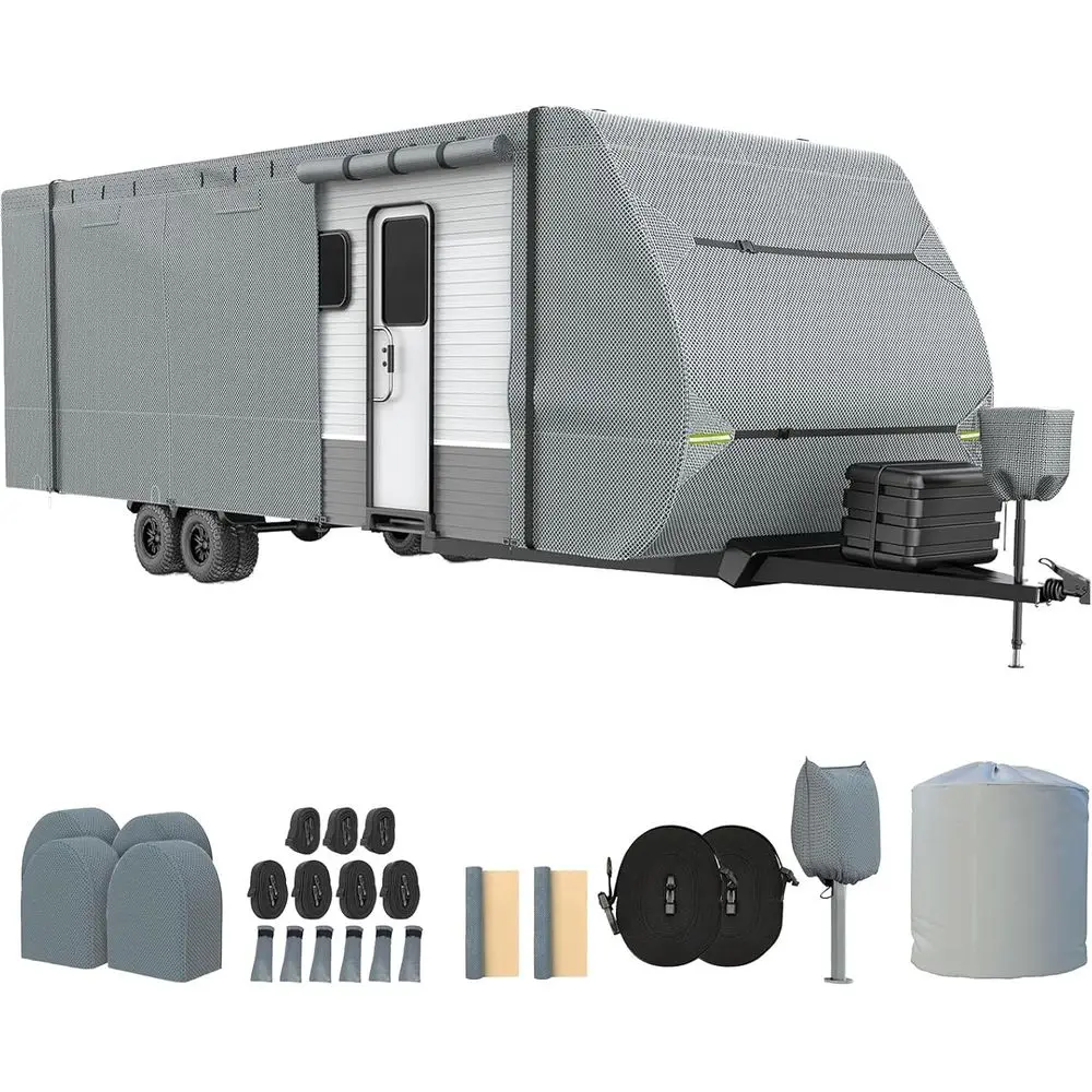 Upgraded 7 Layers Top Travel Trailer Fits 20 to 22 Feet RV, Waterproof with 4 Tire & Tongue Jack