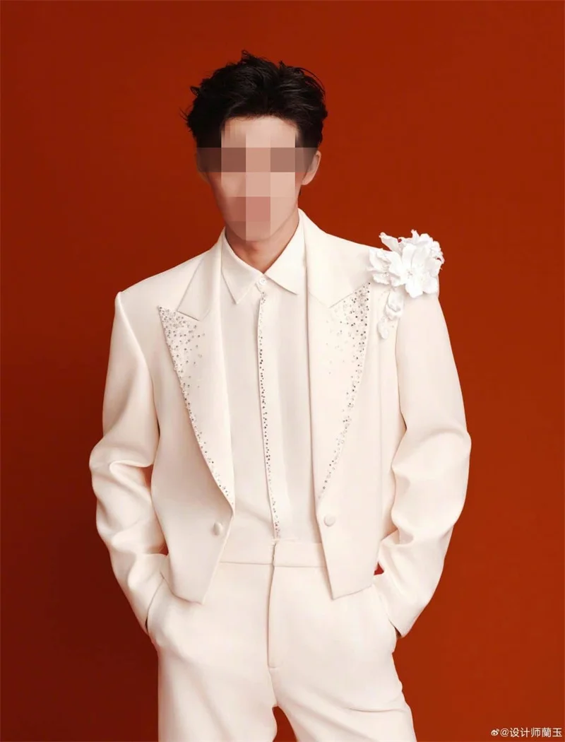 White Men Suits Set 2 Pcs Crystals Blazer+Pants Trousers 3D Flower Wedding Tuxedo Formal Office Business Groom Jacket Coat