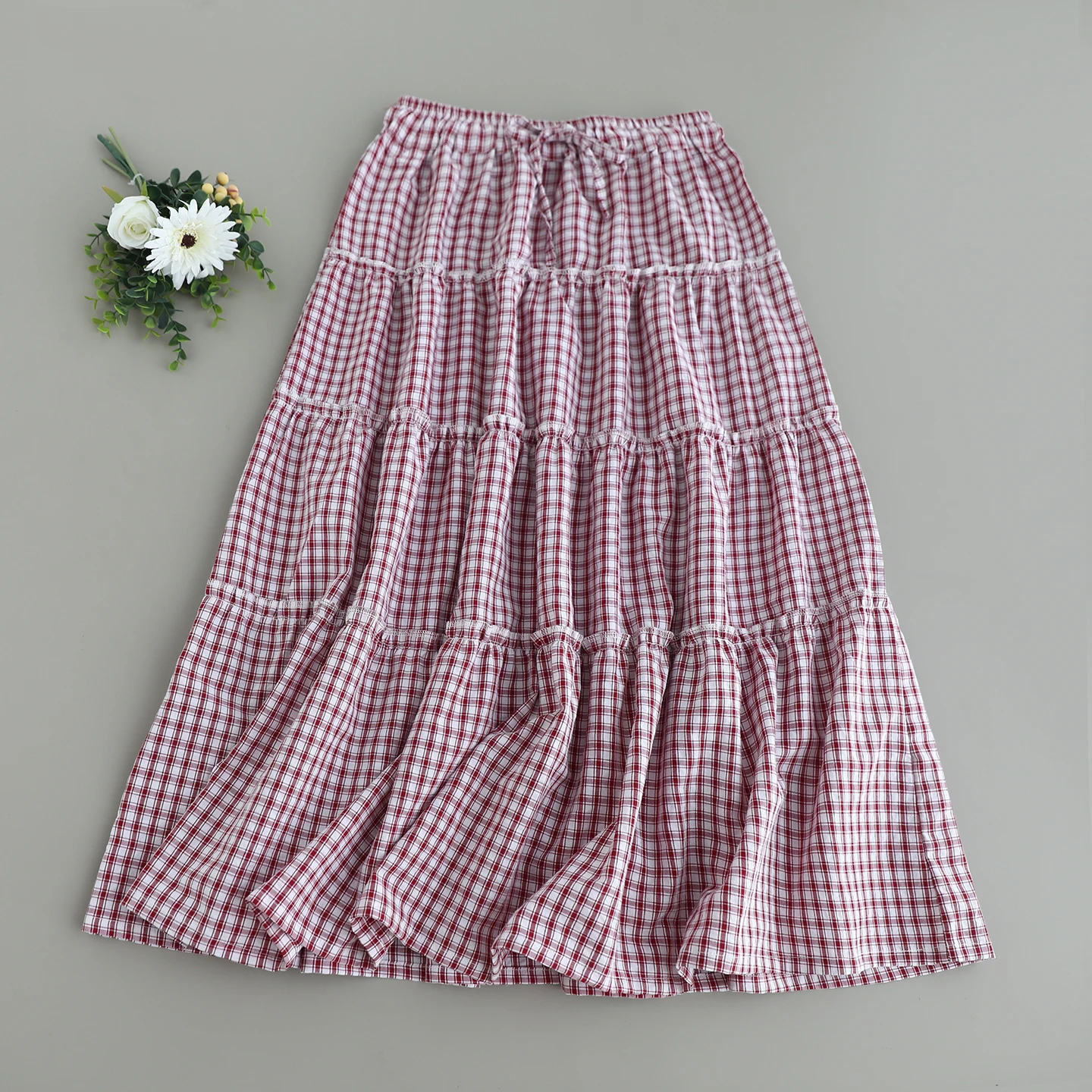 Japanese Sweet Mori Girl Vintage Plaid Cake Cotton Skirts Women Summer High Elastic Waist Casual Loose A-Line Skirts