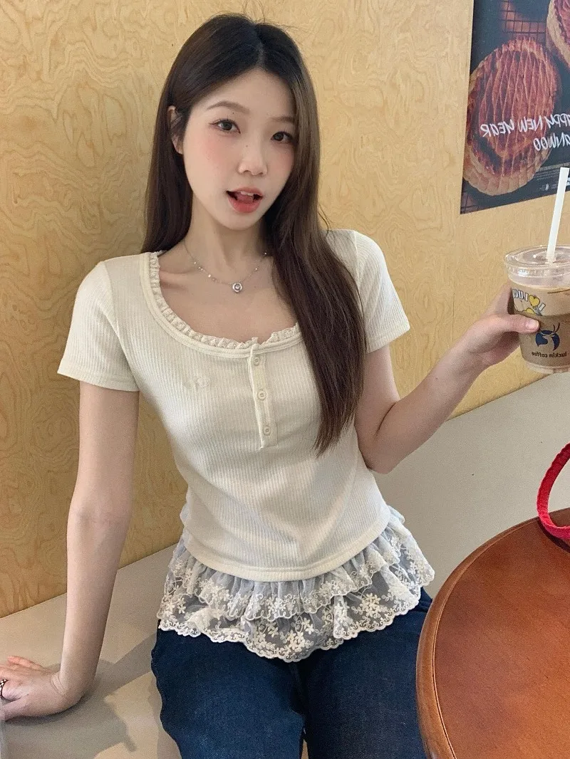 

plus Size Lace Splice ort Sve T-irt Slimming Design Summer New Sle Base Top Women's Korean Sle Commute Wind irt
