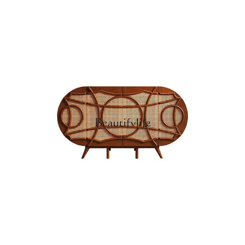 

French Retro Distressed Solid Wood Sideboard American Style Chinese Style Rattan Living Room Storage Side Cabinet