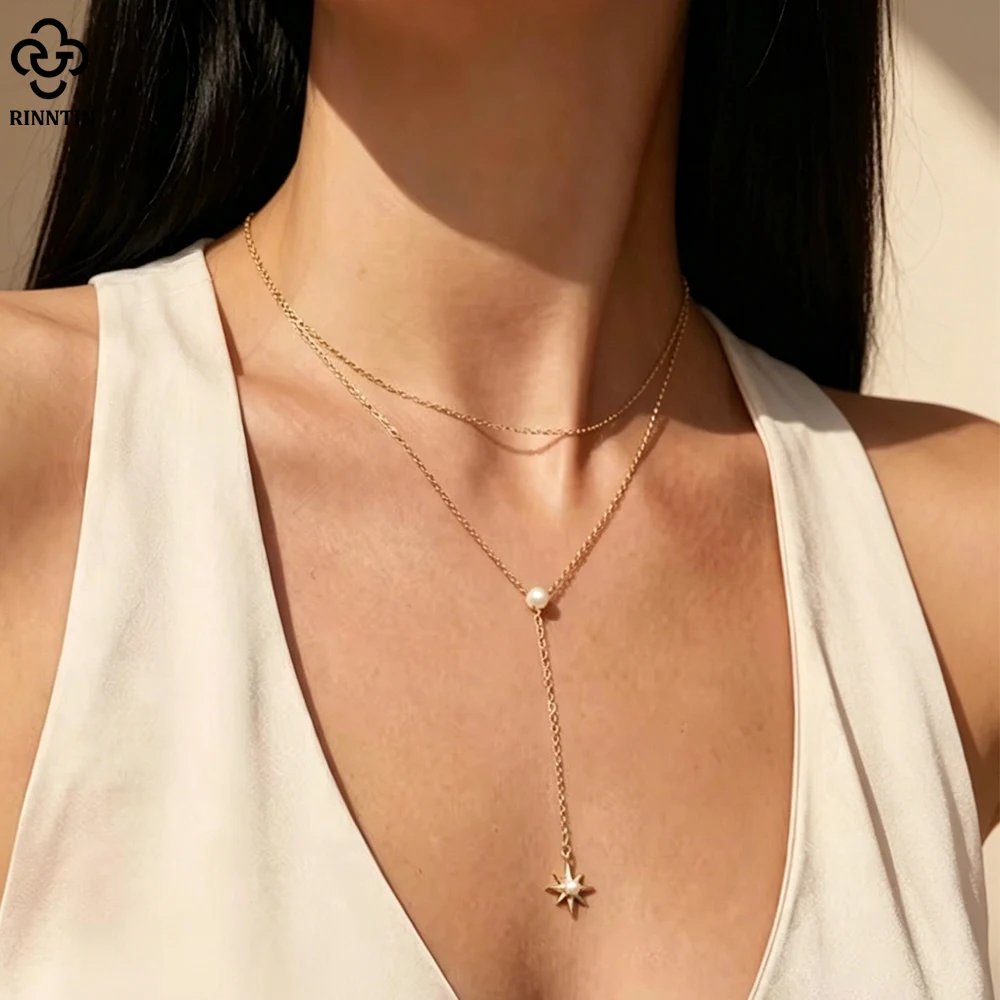 

Rinntin 925 Sterling Silver Simple Summer Y-Shaped Choker Chain with Pearl Necklace for Women Party Jewelry Accessorry BQN28