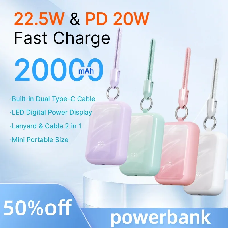 20000mAh Mini PowerBank 22.5W PD20W Fast Charging Power Bank Built-in Dual C Cable Portable Battery for IPhone Samsung