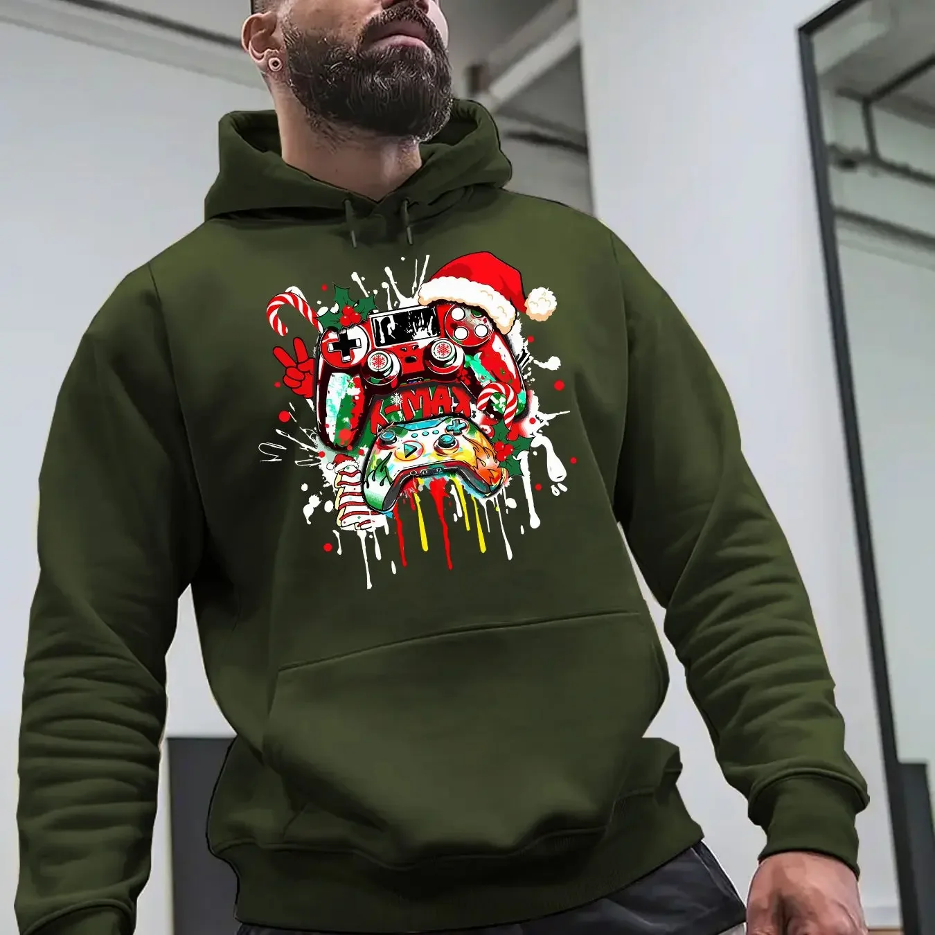 Christmas Gaming Controller Santa Hat Candy Cane Splash‑art Print Hoodie Unisex Loose‑fit Gamer Xmas Sweatshirt