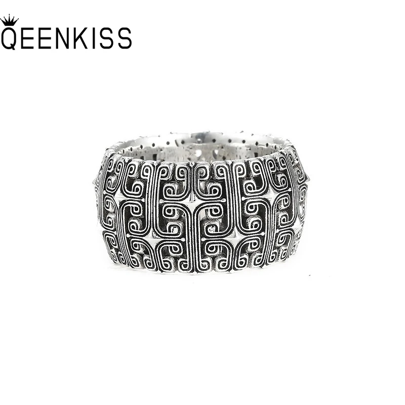 

QEENKISS 925 Sterling Silver Vintage Wide Rings for Women Men Birthday Wedding Party Christmas Father Boyfriend Gifts RG7035