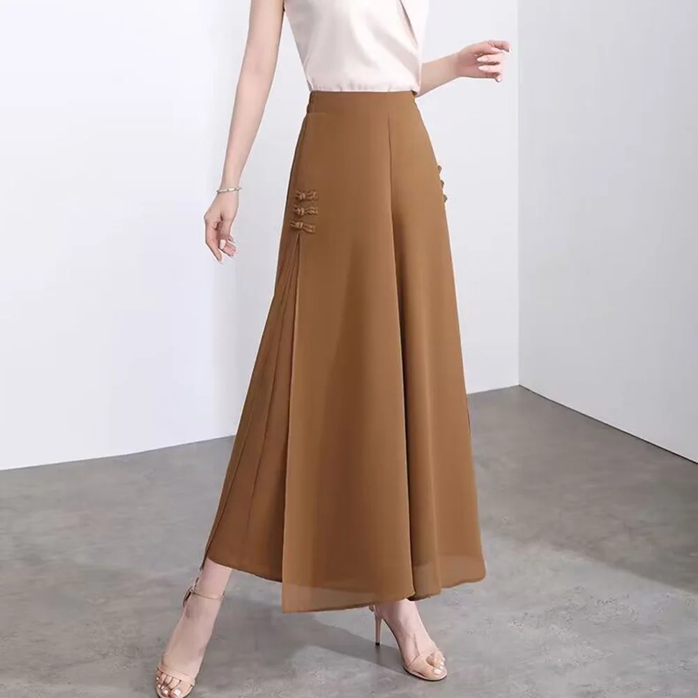 Chiffon Side Slit Trousers Chinese Style Pants Regular Length Trousers Solid Color Design Suitable For Holidays