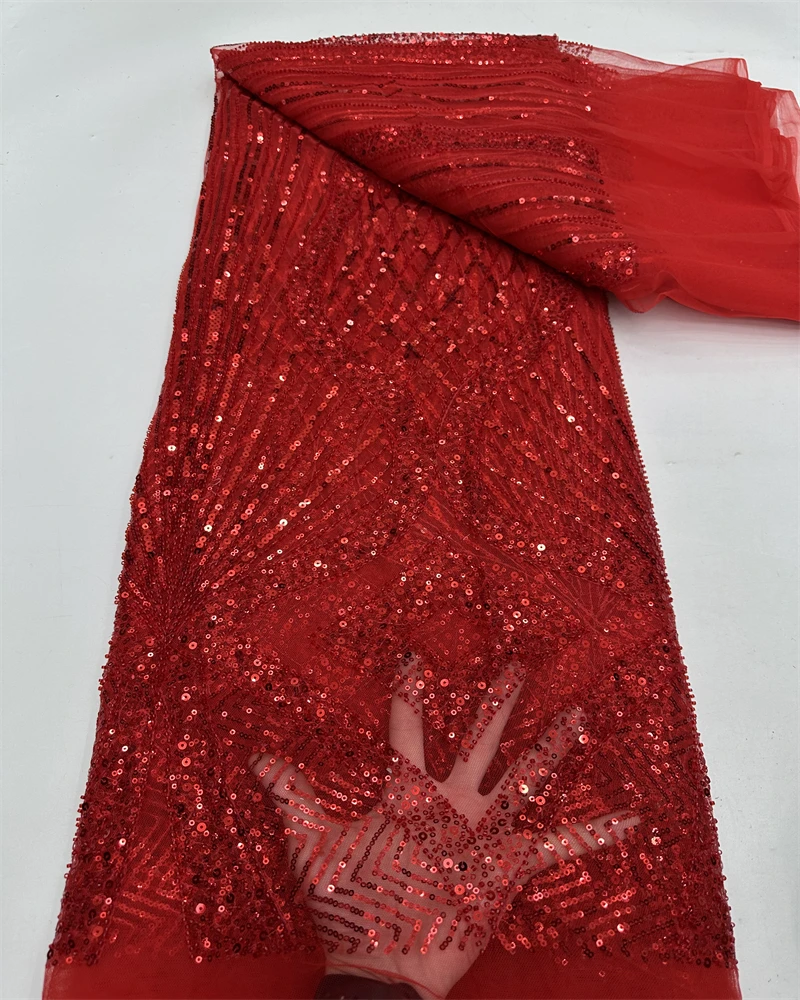 

Luxury African Lace Fabric High Quality Sequins Beads Lace Fabrics For Nigerian Wedding French Tulle Lace Fabric