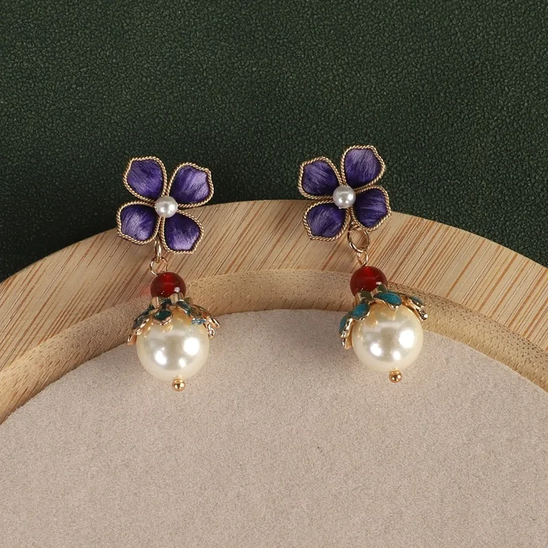 Chinese style intangible cultural heritage handmade silk velvet flower pearl women's earrings classical jewelry gift