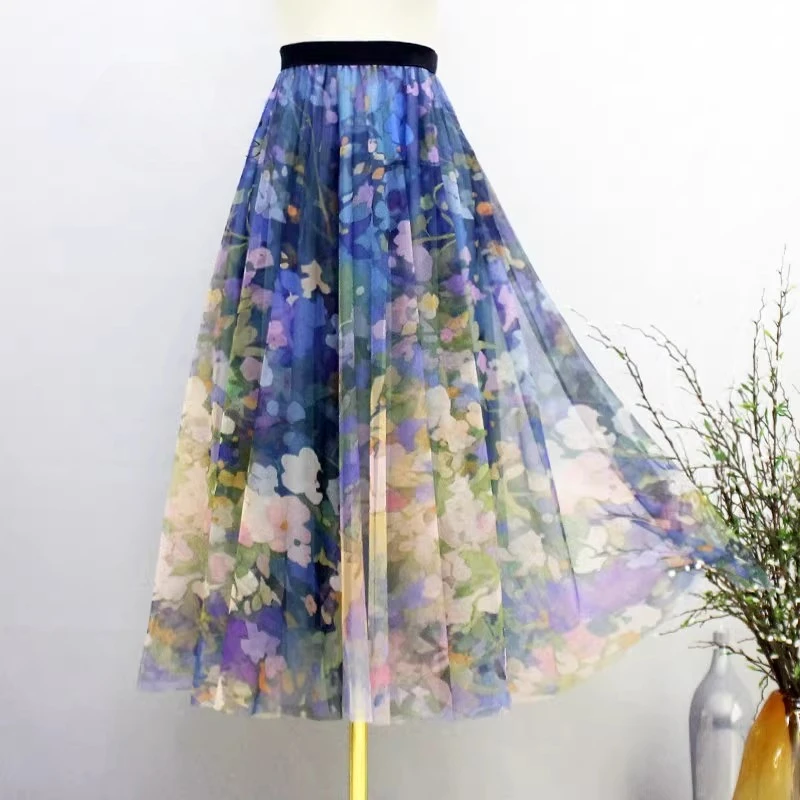 

Spring and Autumn New Women's Half Length Skirt, Fashionable Printed Elastic Waist, Large Bottom A-line Edition Long Skirt