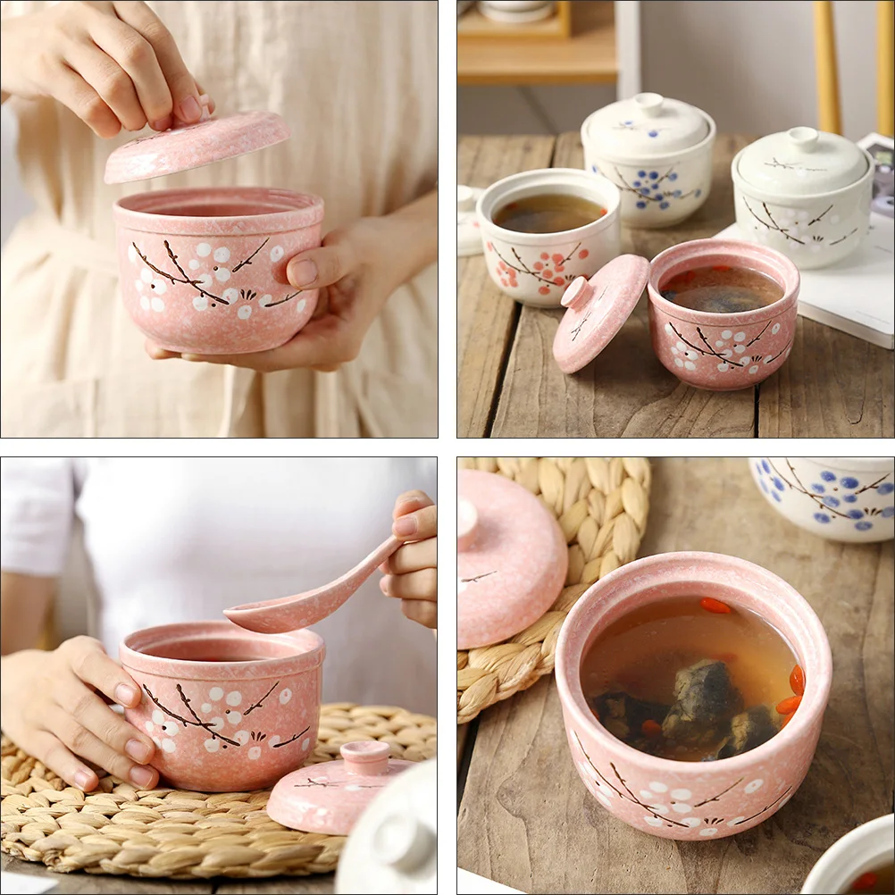 

1Pcs Ceramic Soup Bowl Pink Stew Bowl with Lid for Egg Stew Edible Bird's Nest Colorful Kitchen Tableware Soup Bowls