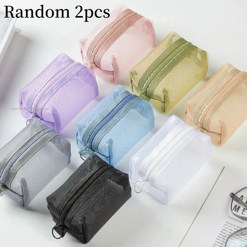 2pcs Multipurpose Breathable Square Mesh Storage Pouch Lightweight Mini Wash Bag Mini Zipper Coin Purse Large Capacity Coin Purs