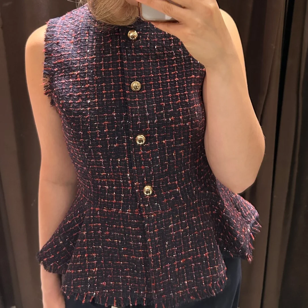 Womens Vintage Tweed Sleeveless Jacket Round Neck Gold Button Fringe Peplum Waistcoat Slim Fit Office Lady Elegant Tops