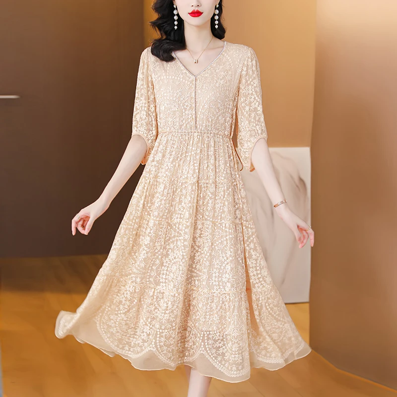 2023 Summer Silk Flower Embroidery V-Neck Dress Mesh Lace Splice Casual Loose Large Size Slim Skirt Knee Length Robe