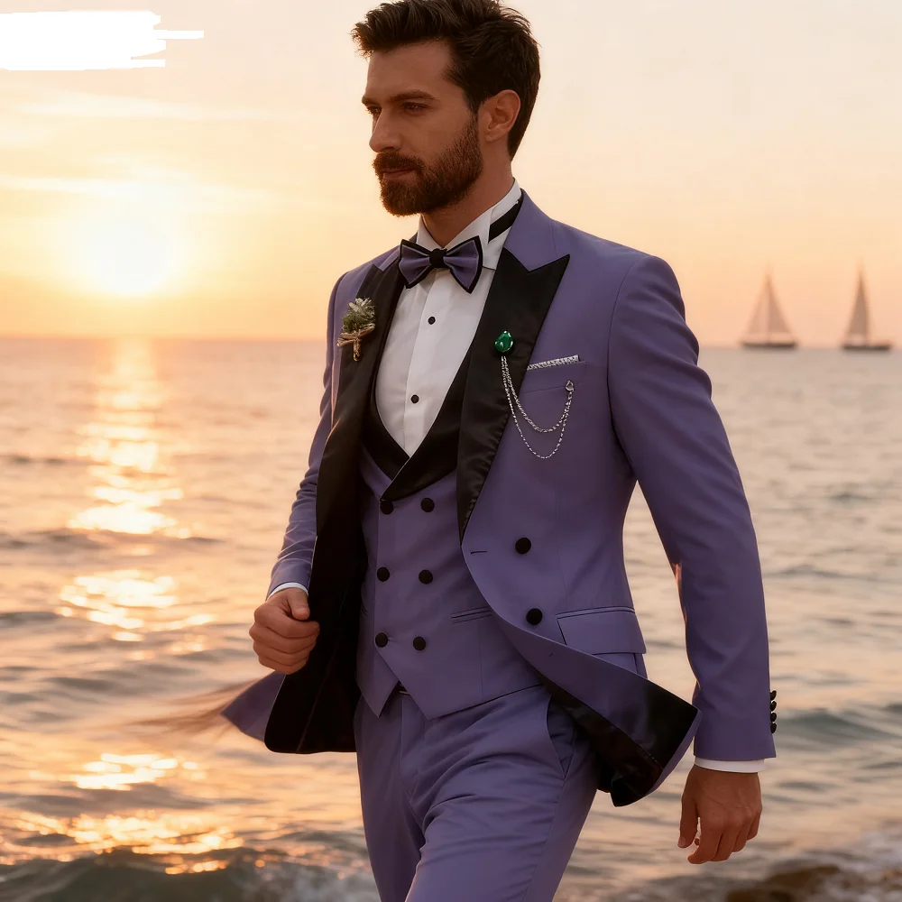 

Elegant Rose Red 3-Piece Men's Suit Slim Fit Double Breasted Blazer Vest And Pants Set for Wedding Groom Tuxedo Business Party