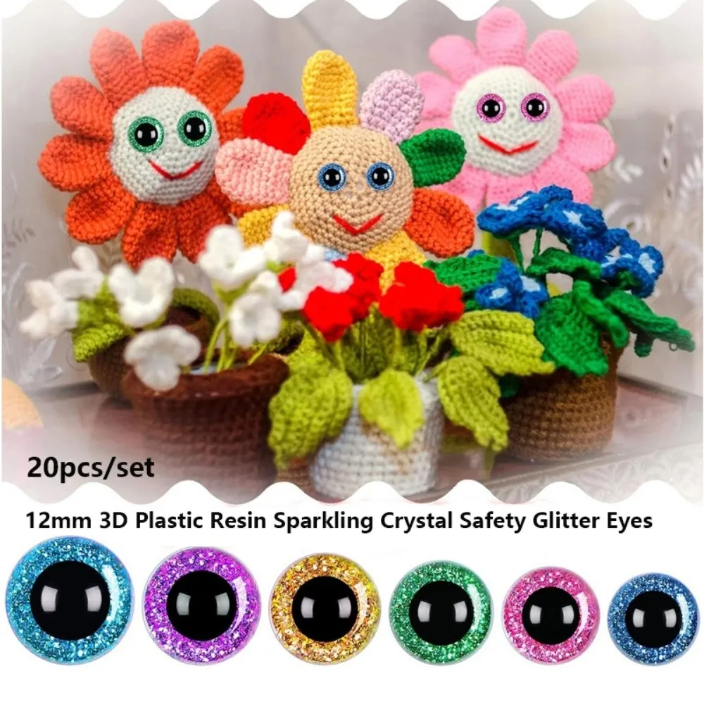 20pcs/set 12mm 3D Sparkling Crystal Cat's Eyes Plastic Resin With Flash Pad Safety Glitter Eyes Crafts 8 Colors Parts
