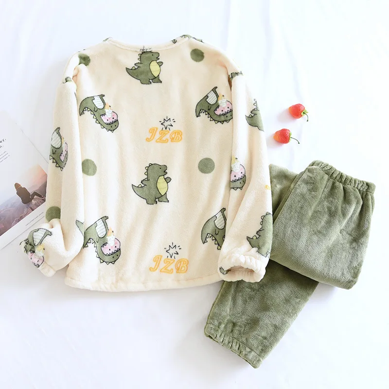 New Autumn And Winter Ladies Flannel Pajamas Long-sleeved Trousers Two-piece Cartoon Dinosaur Warmth Thickening Home Service Set